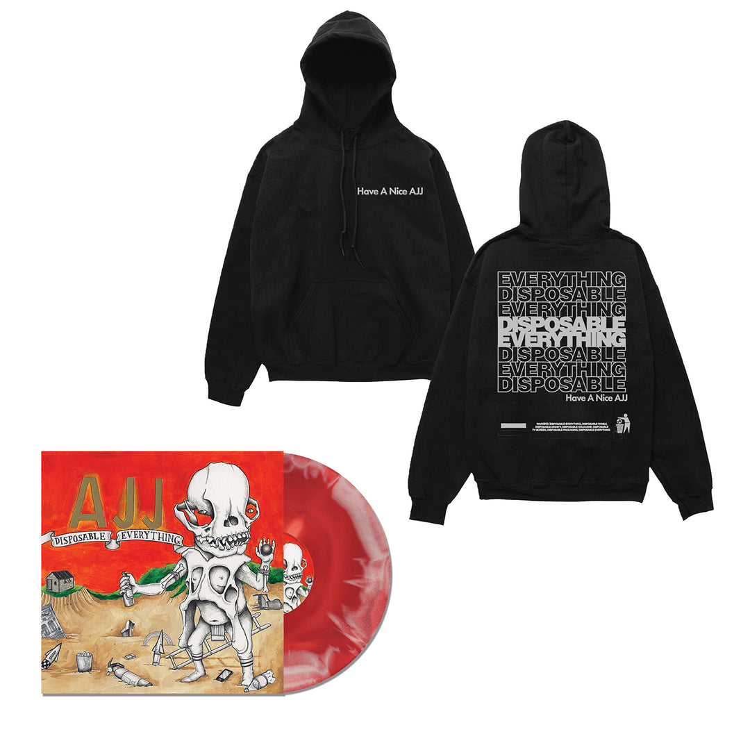 AJJ black hoodie featuring "Have A Nice AJJ" text on the front and repeated "Everything is Disposable" on the back. Shown with red/white Disposable Everything vinyl and illustrated desert skeleton cover—ideal for indie punk fans.