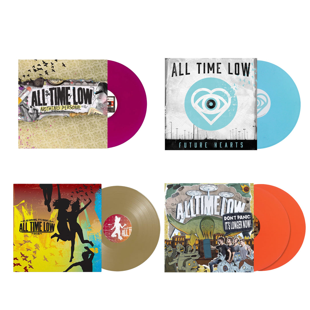 Four All Time Low vinyl LPs are shown: Nothing Personal (purple), Future Hearts (light blue), So Wrong, Its Right (gold), and Don’t Panic (orange), each with its album cover visible.