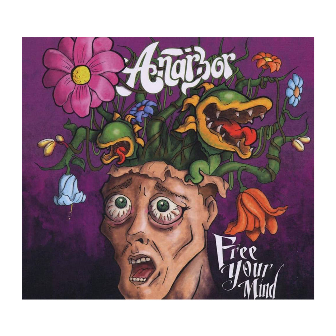 A frightened face with an open head has colorful flowers and a snarling plant growing out. The words Anarbor and Free Your Mind are written in stylized white text on a purple background, capturing a bold pop-punk vibe.