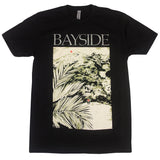 Bayside black T-shirt with bold white BAYSIDE lettering above a landscape of palm leaves, trees, a red sun, and a distant figure. Made from ultra-comfortable Next Level Apparel.