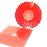Vinyl album cover for Bayside "The Red EP" on a white background. Cover is Red with a Mandala. White bird on a flower centered. White Text in the corners "Bayside" & "The Blue EP". Vinyl is Transparent Red.