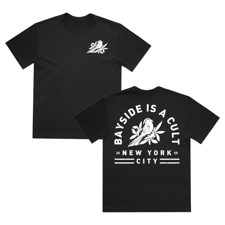 Black garment-dyed ring-spun cotton T-shirt showing a front view with a small bird logo on the chest and a back view with a bird graphic and the text Bayside is a cult, New York City.