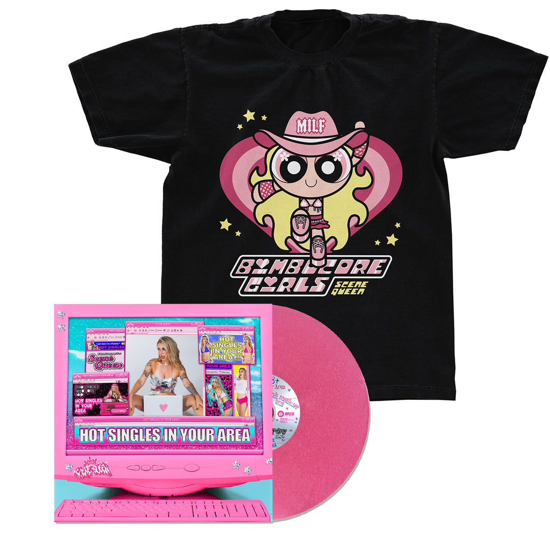 The Scene Queen Bimbocore Girls Tee (black, Comfort Colors) shows a cartoon girl with hat and cowboy boots. Includes a pink limited vinyl and cover featuring Hot Singles In Your Area.