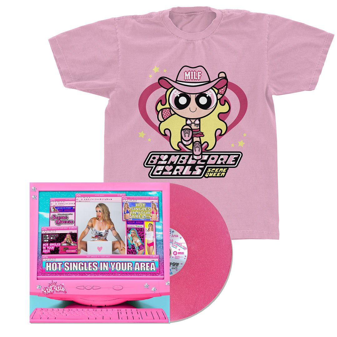 A pink Comfort Colors t-shirt by Scene Queen features a cartoon girl in a cowboy hat labeled MILF and Bimbo Core Girls. Below is a pink CD and case with tracklisting and HOT SINGLES IN YOUR AREA on the desktop screen.