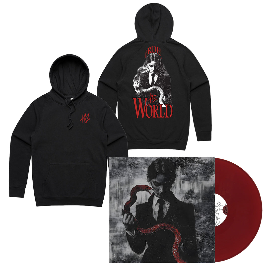 The TX2 Cruel World Limited Edition merch bundle includes a black hoodie with red writing and a seated figure graphic, plus an Oxblood marbled red and white LP with cover art of someone holding a red snake.