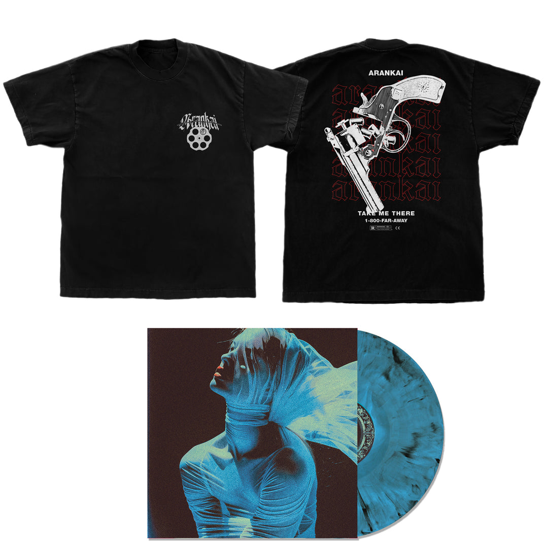 Black Comfort Colors t-shirt with graphic designs on front and back, next to a blue vinyl record featuring limited edition album cover art of a person with white cloth draped over their head and shoulders, tinted with blue and brown hues—a striking nod to Helter Skelter inspiration.