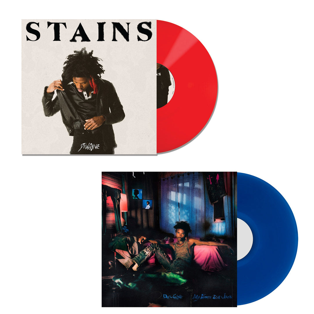 Two vinyl records from DE'WAYNE: a red "STAINS" vinyl with a jacket-adjusting cover, and a transparent blue "My American Bartender" vinyl showing someone lounging on a couch in moody lighting.