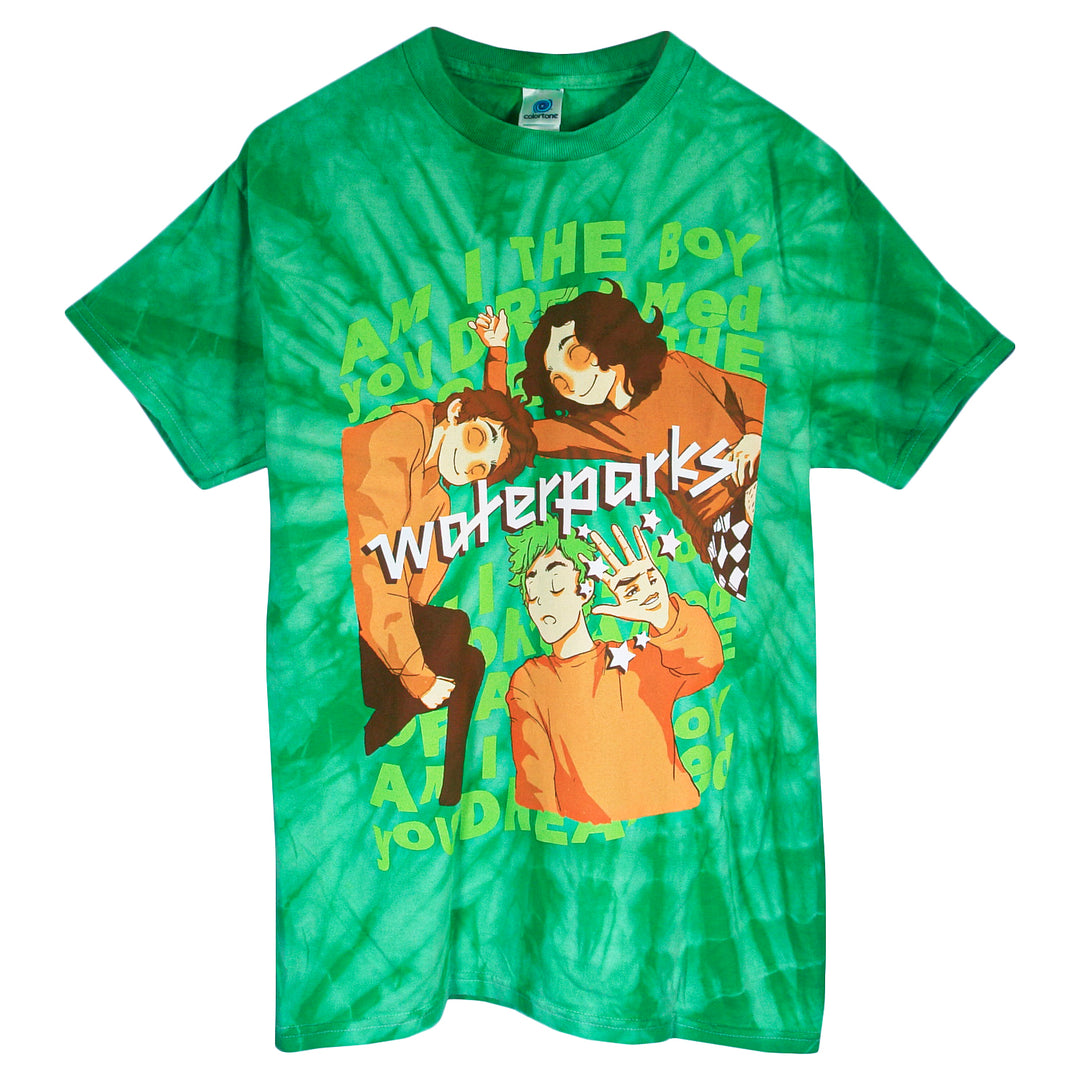 A green tie-dye t-shirt featuring a colorful graphic print of the band Waterparks, with the band's name in stylized white text across the center.