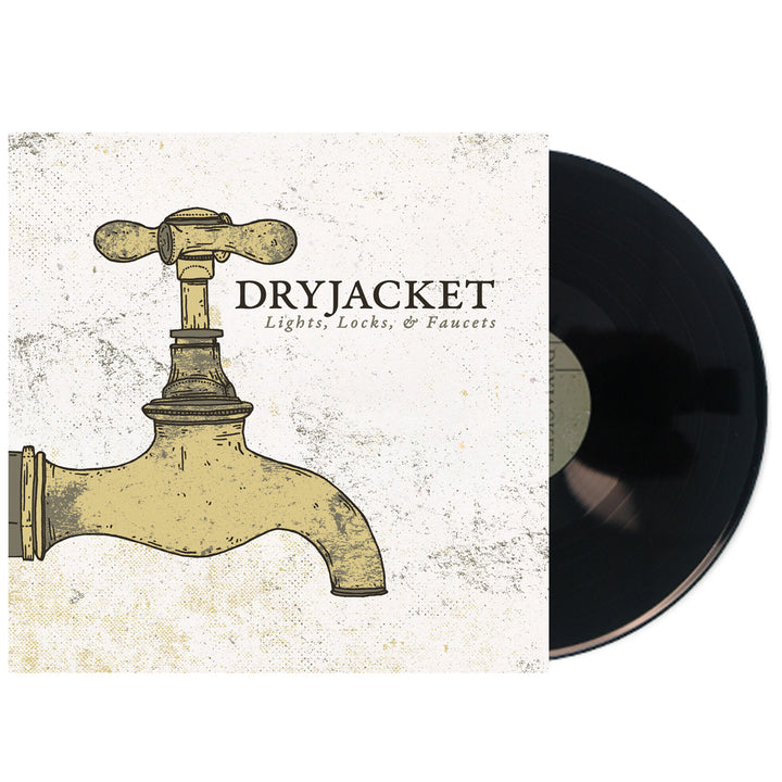 A vinyl record partially pulled from its sleeve, featuring an illustrated vintage faucet on a textured off-white cover with the text &