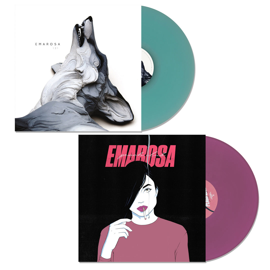 Two limited edition Emarosa vinyl records: one features a teal disc with a wolf sculpture cover, and the other is Peach Club—a purple disc with art of a woman and bold pink Emarosa text on the cover.