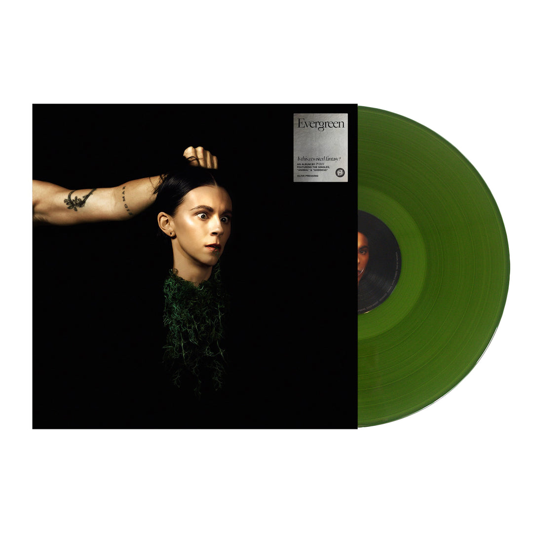 Product description: Striking album cover for PVRISs Evergreen—a severed head with short dark hair, neutral expression, held by an outstretched arm. Includes signed 12x12 print and translucent green vinyl, partially visible at right.
