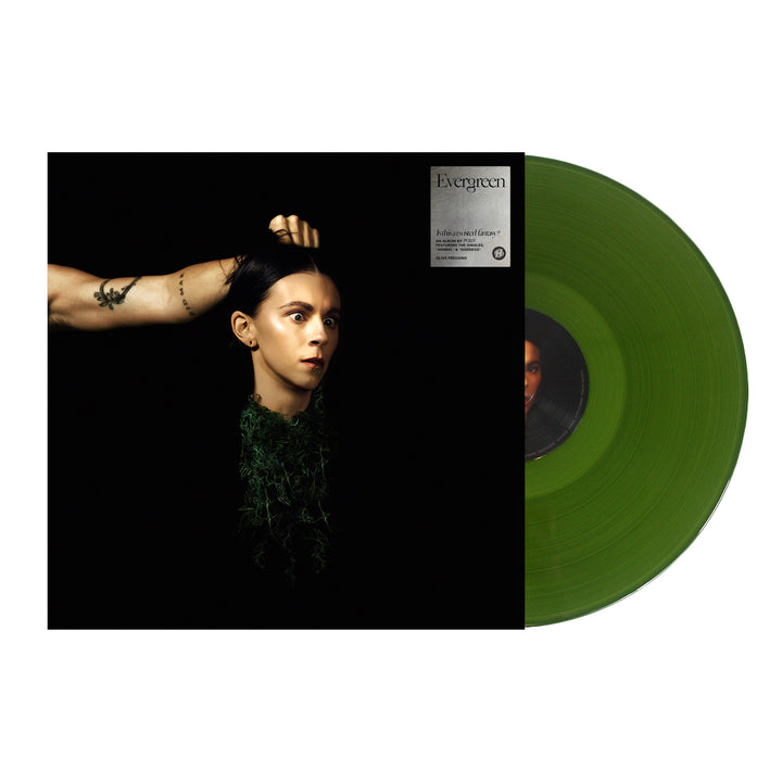Product description: Striking album cover for PVRISs Evergreen—a severed head with short dark hair, neutral expression, held by an outstretched arm. Includes signed 12x12 print and translucent green vinyl, partially visible at right.