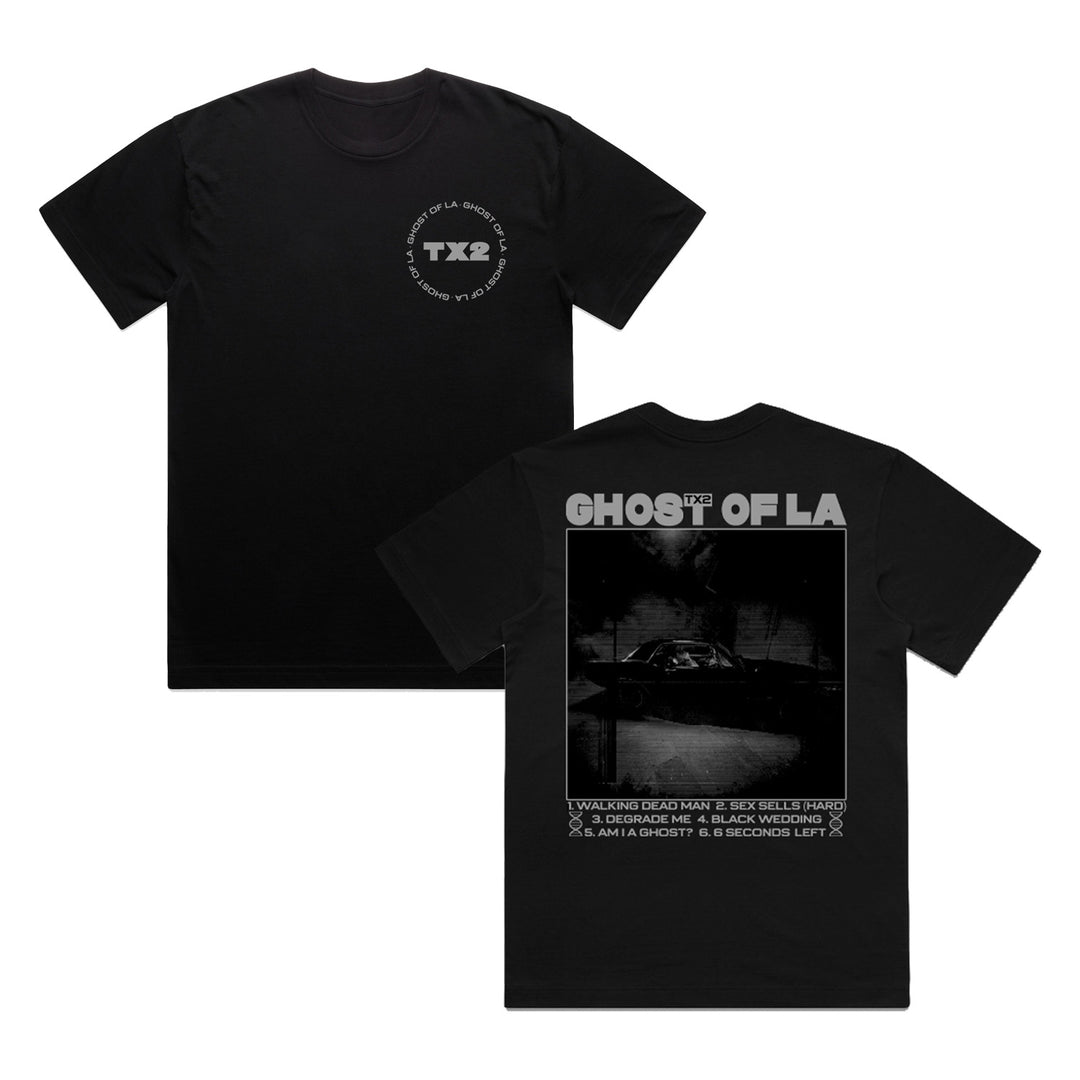 Black TX2 T-shirt with Exclusive Design logo on the front left chest. The back features a dark car image, “GHOST OF LA,” tracklist text below, all printed on high-quality Comfort Colors fabric.