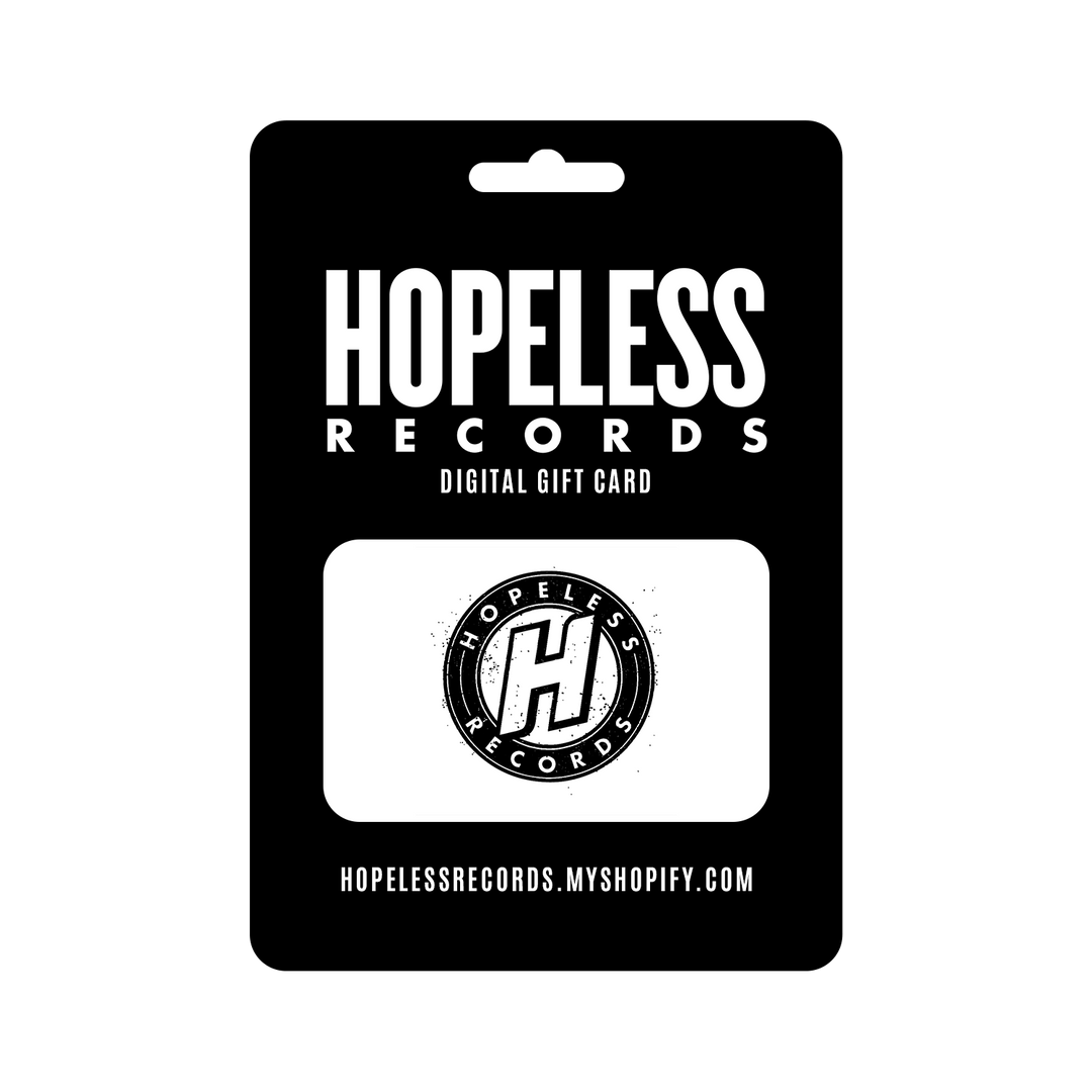 A sleek black Hopeless Records Digital Gift Card with bold white text and logo. Visit hopelessrecords.myshopify.com to redeem your code online for exclusive music and merch.