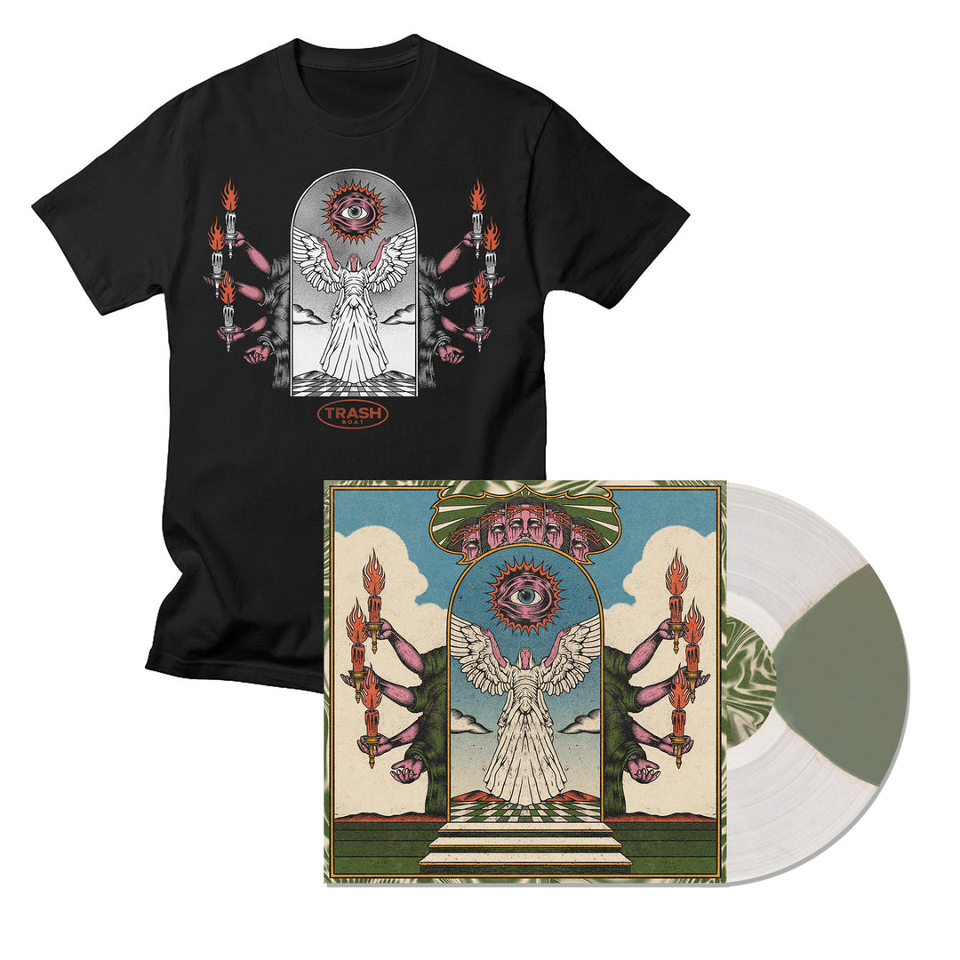 A black Trash Boat Comfort Colors Moon Phase T-shirt and a white marbled vinyl record feature exclusive art: an angelic figure with wings, raised arms, an eye above, and torch-bearing hands in ornate detail. Includes album cover art.
