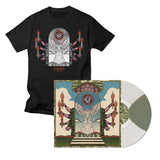 A black Trash Boat Comfort Colors Moon Phase T-shirt and a white marbled vinyl record feature exclusive art: an angelic figure with wings, raised arms, an eye above, and torch-bearing hands in ornate detail. Includes album cover art.