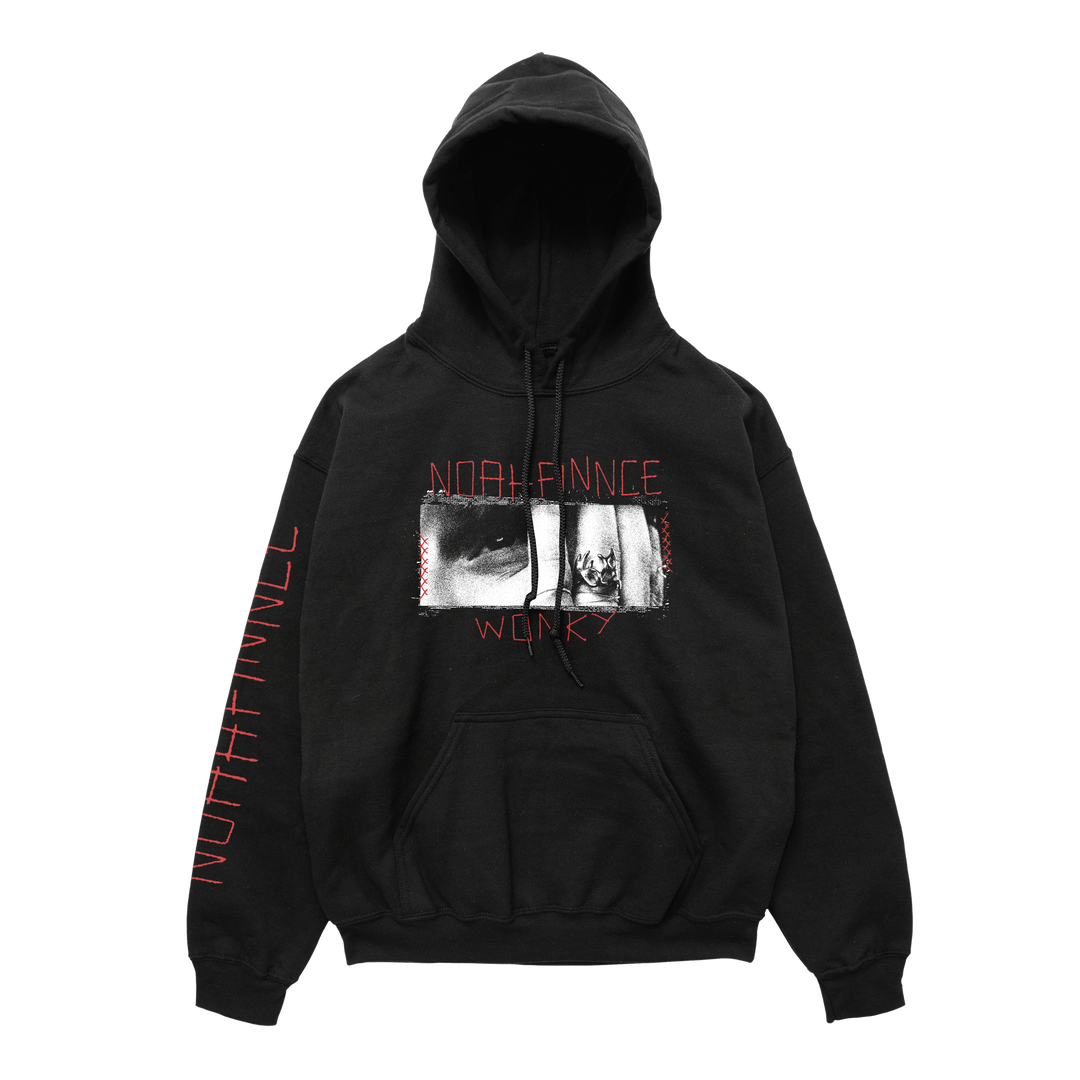 Limited edition black hooded sweatshirt with red NOAHFINNCE WONKY text and a face graphic on the chest, plus NOAHFINNCE printed down the right sleeve.