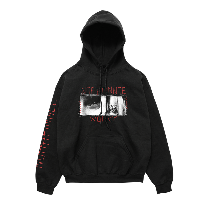Limited edition black hooded sweatshirt with red NOAHFINNCE WONKY text and a face graphic on the chest, plus NOAHFINNCE printed down the right sleeve.