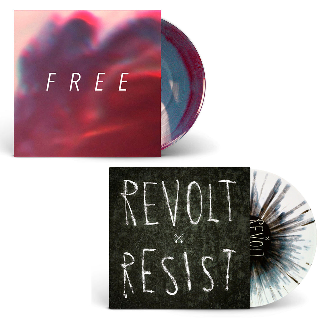 Two vinyl records by Hundredth: one has a colorful, blurred red and pink cover with FREE, the other is black with chalk-style REVOLT x RESIST. Both feature Creme-inspired, unique multicolored designs on the records.
