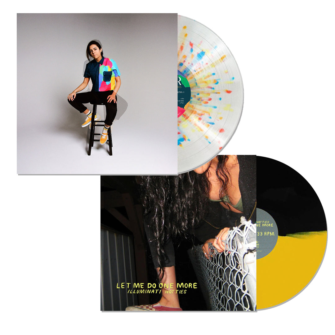 A Limited Edition Illuminati Hotties LP features a splatter-patterned vinyl and cover art with a person on a stool beside the yellow-and-black LET ME DO ONE MORE record and someone holding a chain-link fence.