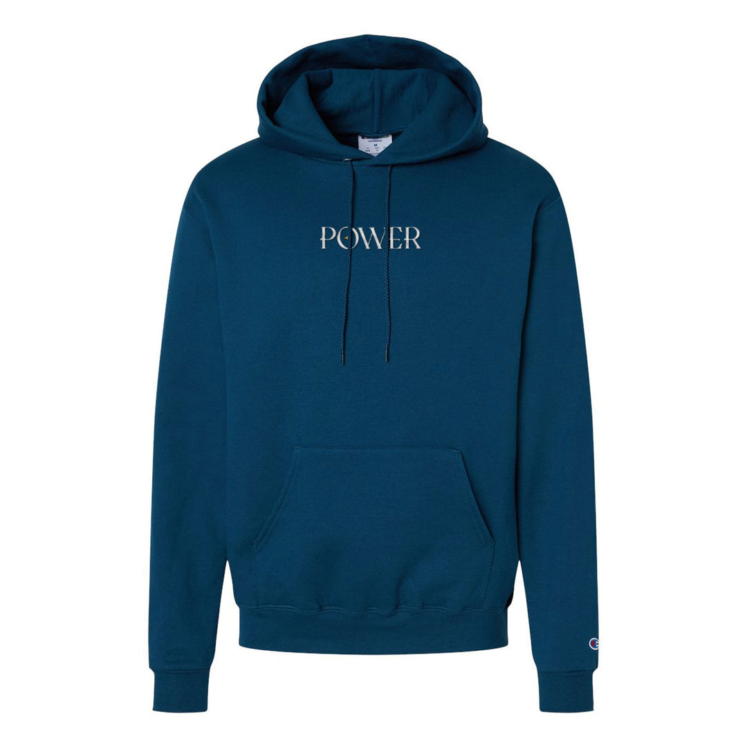 A blue Illuminati Hotties hoodie featuring an exclusive embroidered POWER design in white on the chest, with an adjustable drawstring hood and front kangaroo pocket for comfort and style.