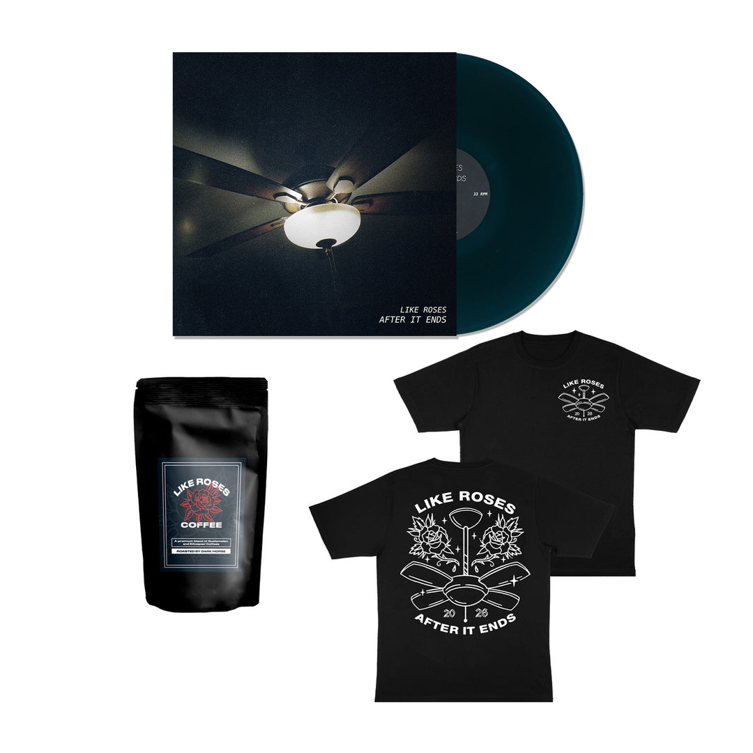 A limited edition vinyl in a striking dark teal, reminiscent of sea blue color vinyl, featuring an album cover with a ceiling fan light. The set also includes a bag of premium Guatemalan Ethiopian coffee by Like Roses and two black Like Roses band t-shirts adorned with white floral designs and After It Ends text.