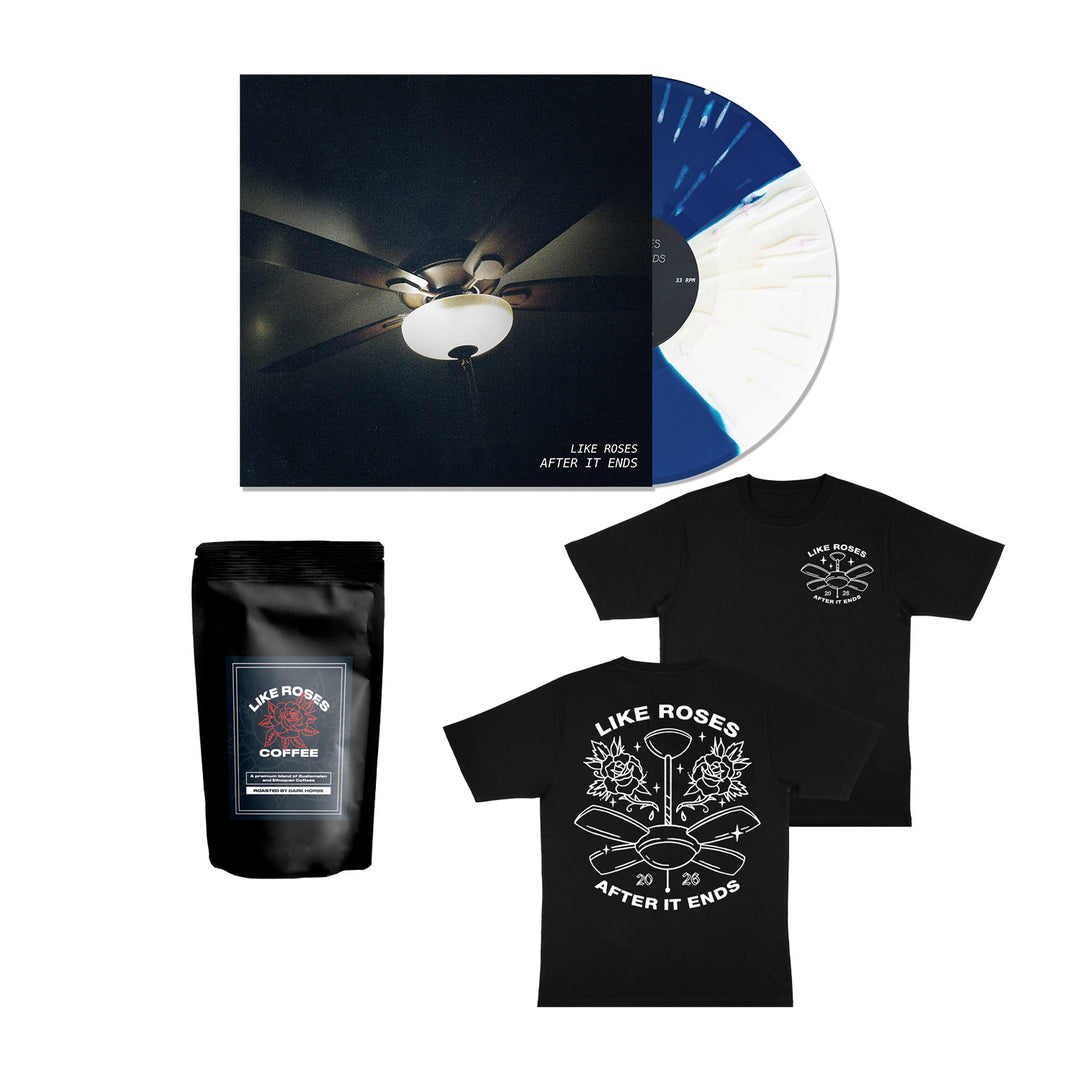 This exclusive bundle features a limited edition vinyl record with a ceiling fan cover and striking blue-white splatter design, a premium coffee blend in a matching bag, and two black shirts adorned with “LIKE ROSES AFTER IT ENDS” alongside a rose motif. Secure yours now on preorder to experience this thoughtfully curated collection.