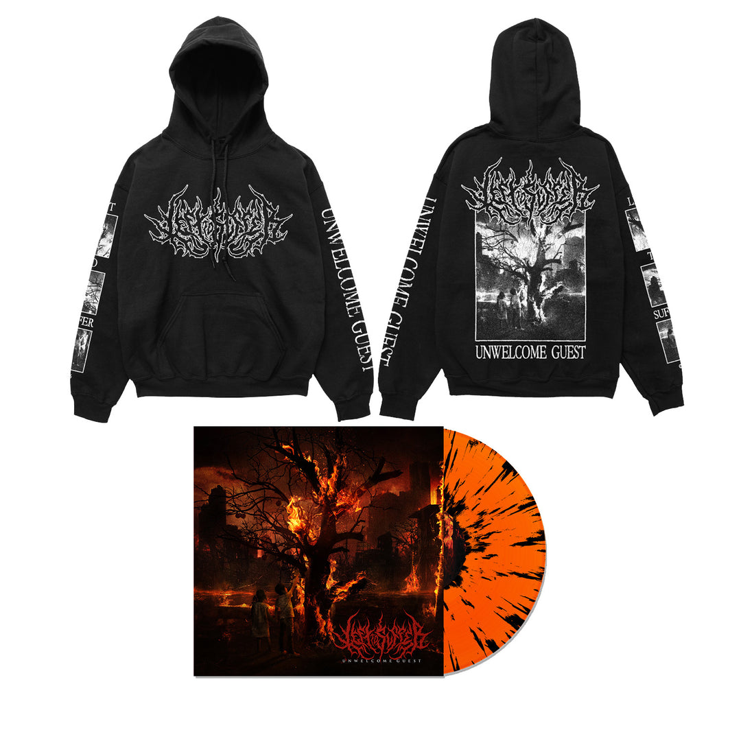 Left To Suffer black hoodie featuring a white band logo and UNWELCOME GUEST text, accented with graphic sleeve patches, shown from both front and back. This limited edition pullover by Independent Trading Company pairs seamlessly with the striking orange and black splatter vinyl record displaying a fiery tree album cover—complete tracklisting included inside.