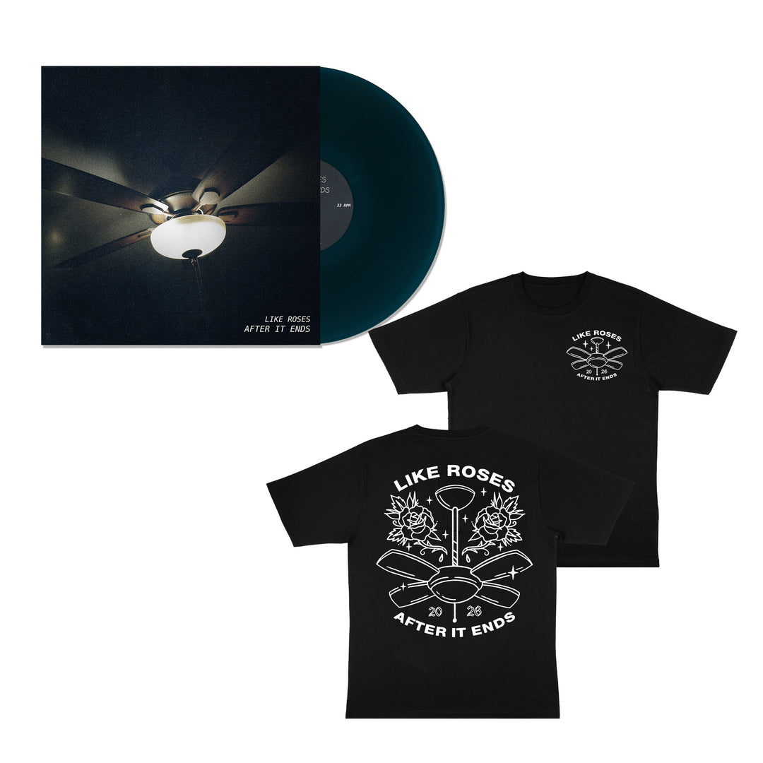A Limited Edition sea blue vinyl record, a black Comfort Colors T-shirt with white rose graphics and LIKE ROSES AFTER IT ENDS text, and an album cover showing a ceiling fan with moody lighting.