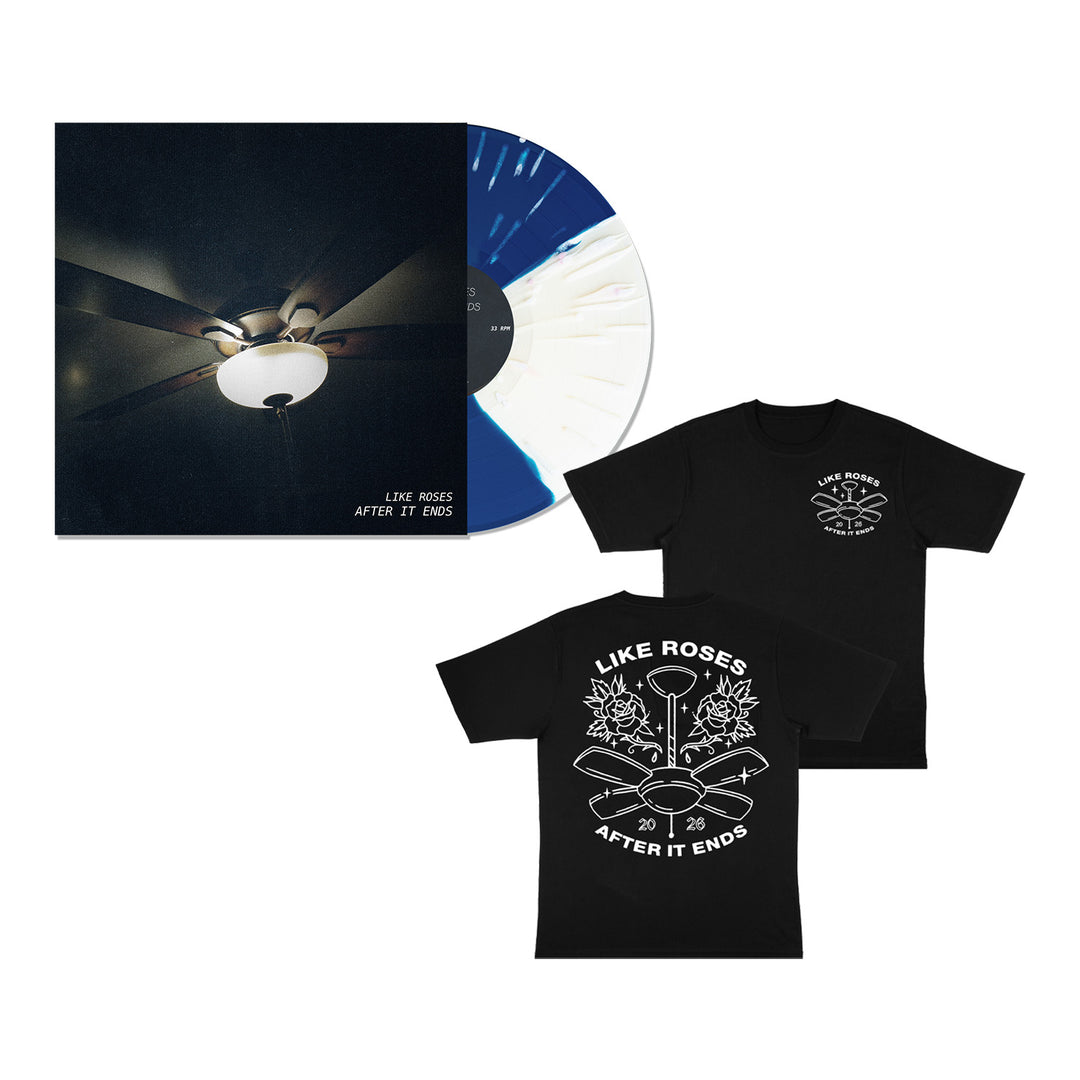Limited edition vinyl record with a ceiling fan cover and striking blue and white splatter design. Two black t-shirts—one with LIKE ROSES AFTER IT ENDS, the other featuring drum and floral graphics on both front and back—complete this exclusive preorder set, all beautifully presented with premium vinyl packaging.