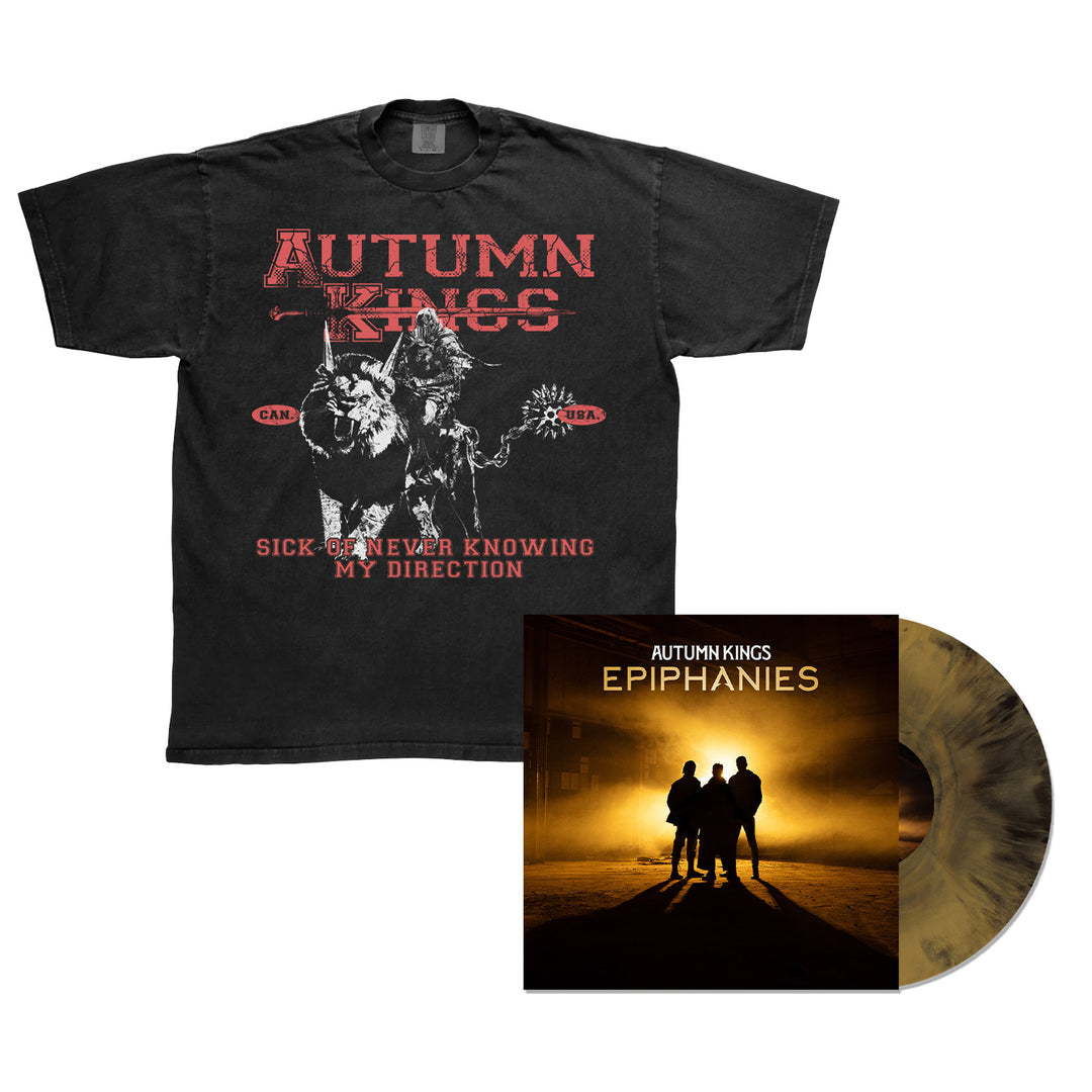 Autumn Kings black “Epiphanies” T-shirt with red graphics and text, paired with a Comfort Colors marbled vinyl record of the album featuring silhouetted figures walking toward yellow light on the cover. Includes full tracklist and an exclusive yOunG BLoOds nod.