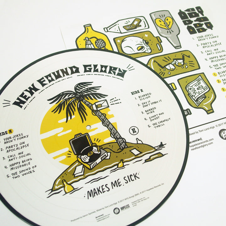 A New Found Glory vinyl record titled "Makes Me Sick," features a cartoon of a stranded man under a palm tree and a yellow-black illustrated tracklist highlighting songs like "Party On Apocalypse" and "Happy Being Miserable.