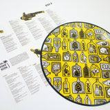 A printed sheet with song lyrics and illustrations lies next to a circular yellow New Found Glory item decorated with cartoon bottles, plants, and objects—referencing tracks like The Cheapest Thrill—on a white background.