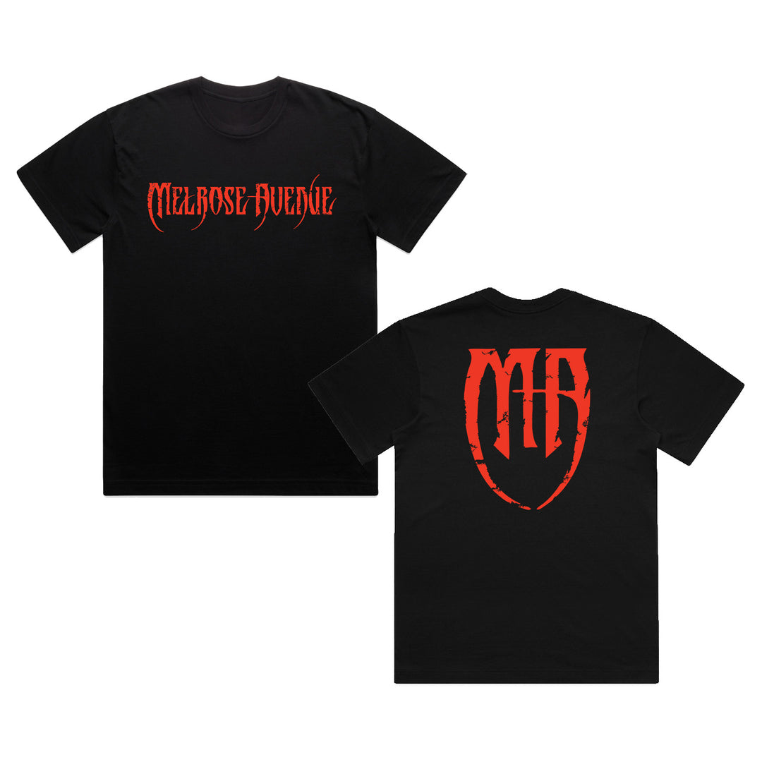 Melrose Avenue black Comfort Colors tee with bold red gothic Melrose Avenue on the front, plus a large red MA monogram in a shield on the back.