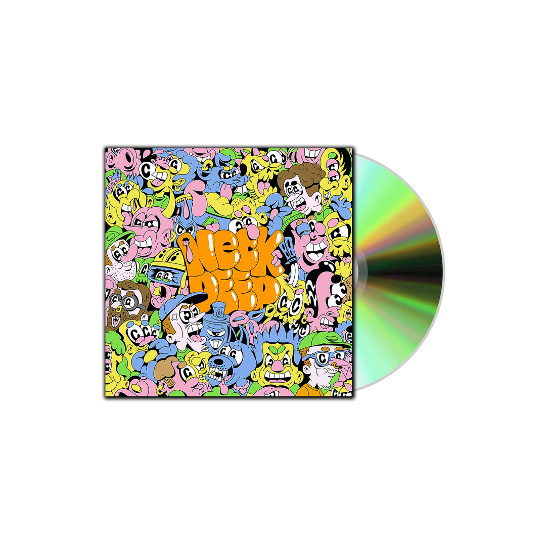 A Neck Deep CD case with a vibrant, cartoon cover showing expressive faces and characters in pink, yellow, blue, and green around bold orange Moody Weirdo text. The Heartbreak Of The Century CD is partially visible on the right.