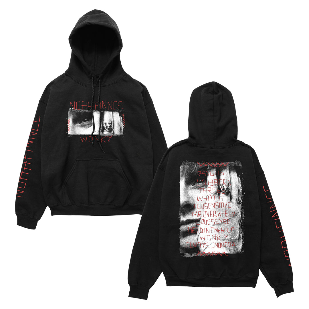 Black midweight pullover hoodie with NOAHFINNCE on the sleeves, a graphic of a face on the front, and a larger printed version of the face graphic with lyrics in red on the back.