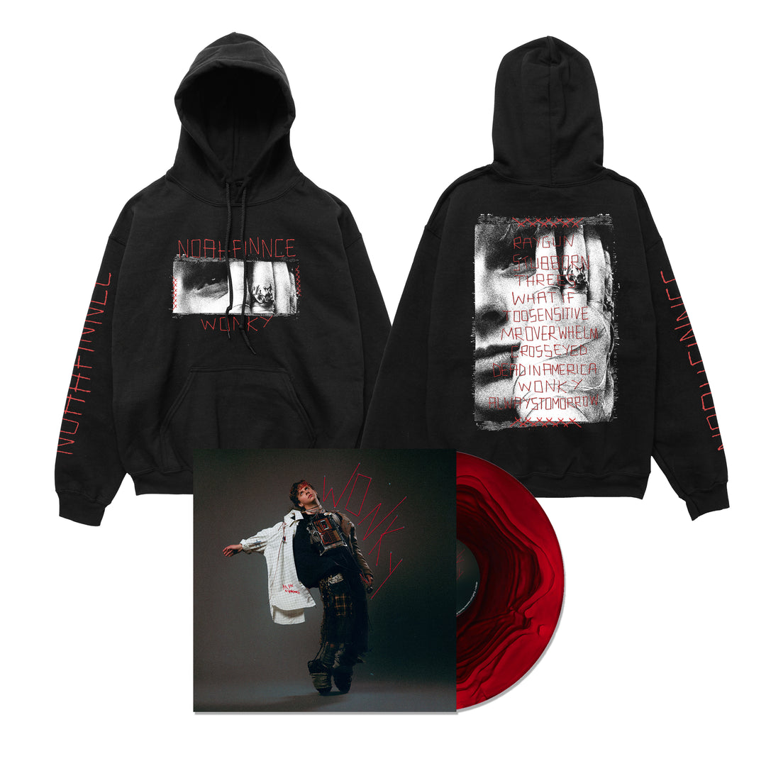 Black hoodie with NOAHFINNCE and WONKY graphics on the front and back, displayed alongside the limited edition red vinyl record and album cover.