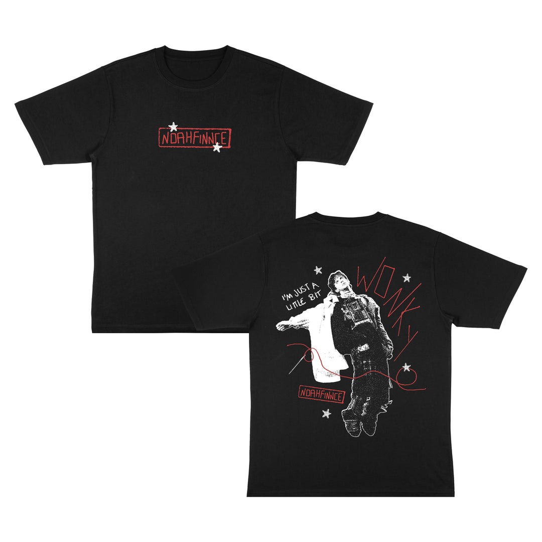 Comfort Colors black t-shirt with a red NOAHFINNCE logo on the front and a back print of a person, the text Im just a little bit wonky, and the NOAHFINNCE logo.