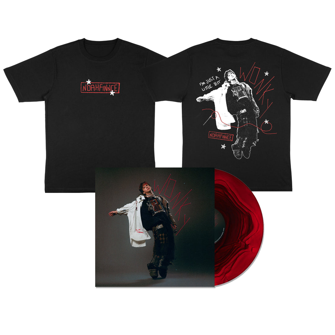Black Comfort Colors t-shirt featuring the NOAHFINNCE logo on the front and a graphic of a person with the text IM JUST A LITTLE BIT WONKY on the back, shown alongside a square album cover and a red vinyl record.