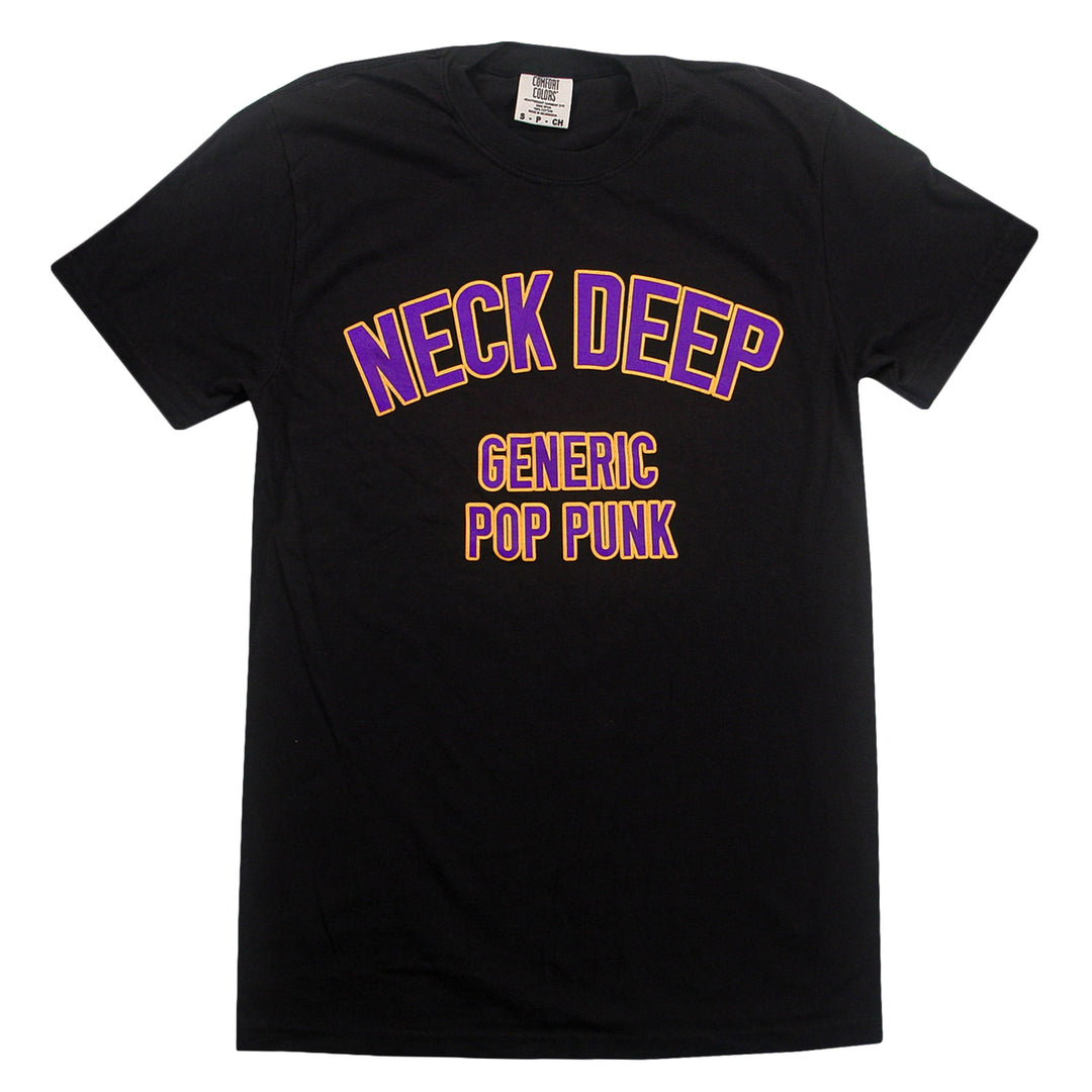Black short-sleeve t-shirt with Neck Deep and Generic Pop Punk printed in arched, yellow-outlined purple text.
