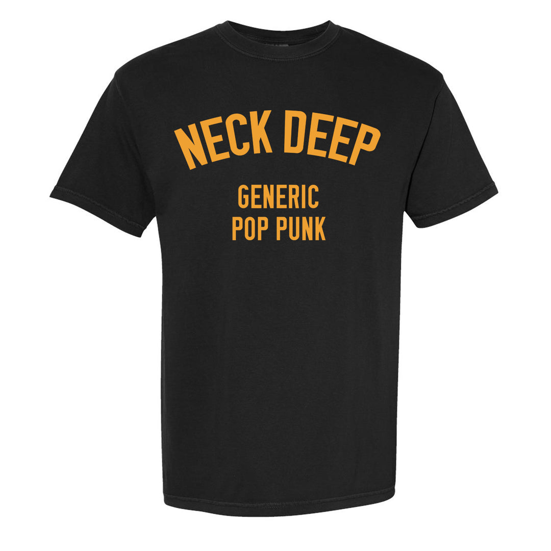 A black relaxed-fit t-shirt from Neck Deep, made of soft ring-spun cotton, with NECK DEEP in large yellow letters and GENERIC POP PUNK printed below.