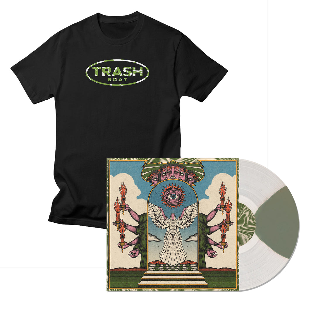 A Trash Boat black t-shirt with green and white TRASH BOAT text, alongside a white vinyl and album cover showing an angelic figure, candles, and a surreal eye—a limited edition exclusive from Trash Boat.