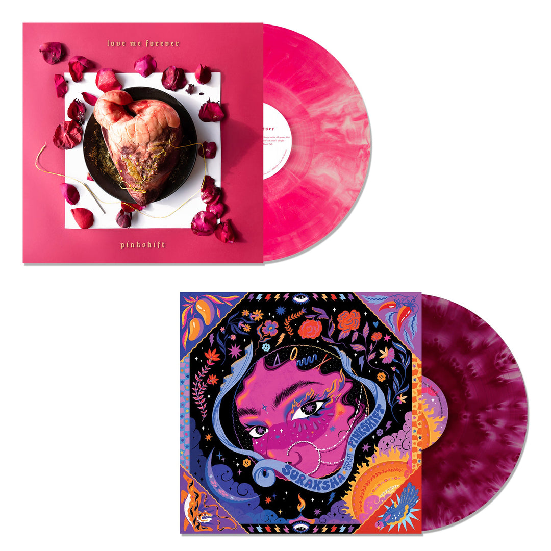 Two pink marbled vinyl records: Pinkshift’s “love me forever” (Pink Galaxy Vinyl, cover features a heart with rose petals) and “Breakers” (vivid cover with illustrated female face and patterns).