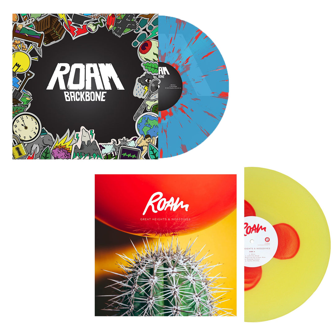 ROAM's Backbone Transparent Blue Vinyl LP (with red splatter) is shown beside its album cover, while the Great Heights & Nosedives Yellow Vinyl LP (with red balloons) appears next to its cactus-themed cover.