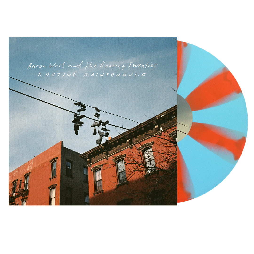 Album cover for Routine Maintenance by Aaron West and the Roaring Twenties, showing sneakers on power lines above red brick buildings, with the blue and orange splattered vinyl and partially visible Pinwheel Tracklisting.