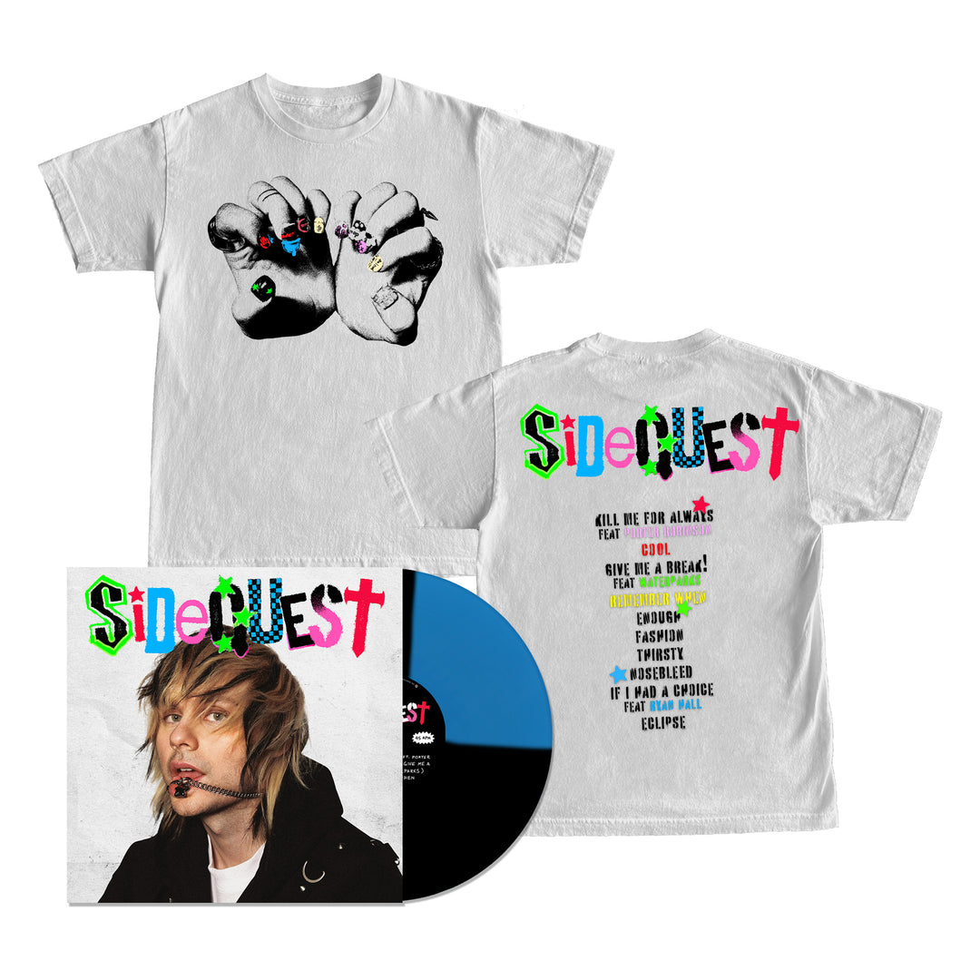 Limited Edition Michael Clifford bundle: Comfort Colors white tee with colorful text and hand graphics, tracklist on back; includes SideQuest vinyl record and album cover with multi-colored lettering.