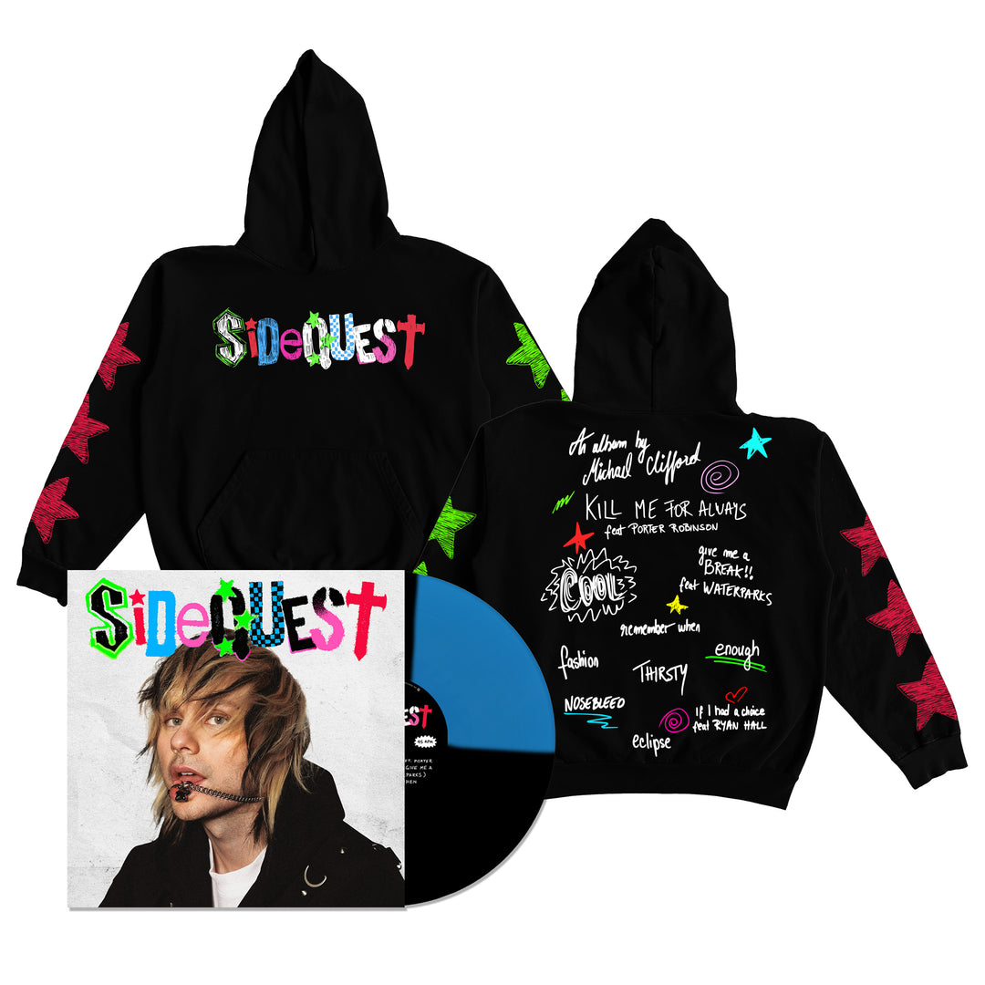 A Michael Clifford black hoodie with colorful Sidequest text and graffiti doodles, plus a blue & black Limited Edition SIDEQUEST vinyl and album cover featuring a shaggy-haired person with a nose ring.