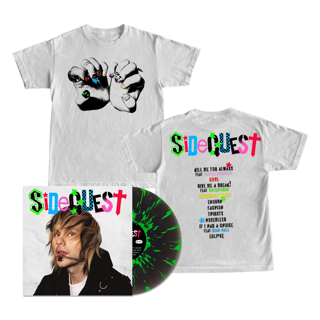 The Michael Clifford Limited Edition set includes a Comfort Colors white t-shirt (hands holding dice on front, colorful tracklist on back), a Black Ice splatter vinyl, and a matching album cover with a portrait.