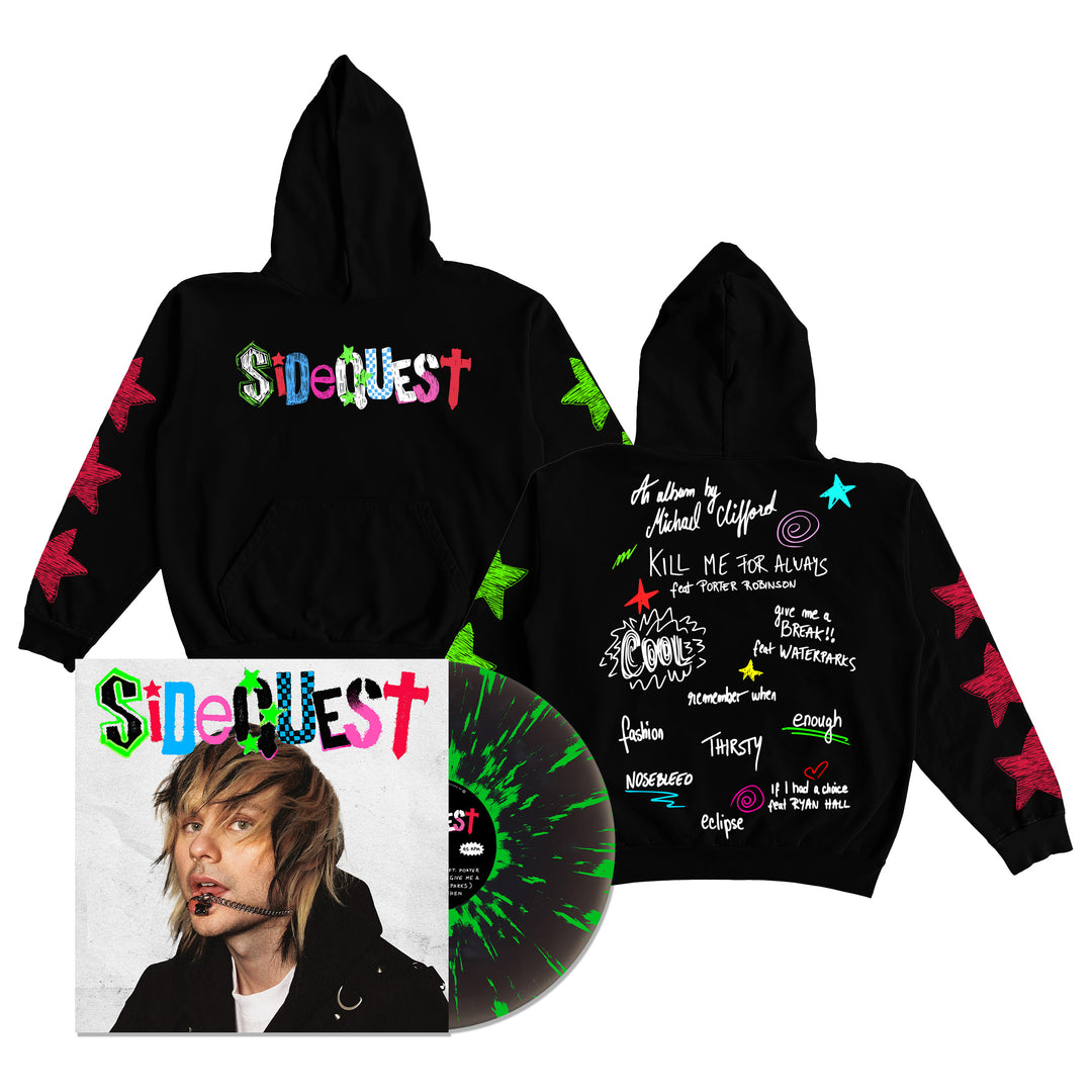 Michael Clifford merchandise set includes a black ASCOLOUR hoodie with colorful “SideQuest” text and back graphic, a SIDEQUEST Black Ice Vinyl (green-black splatter), album cover portrait, and a limited edition sticker sheet.