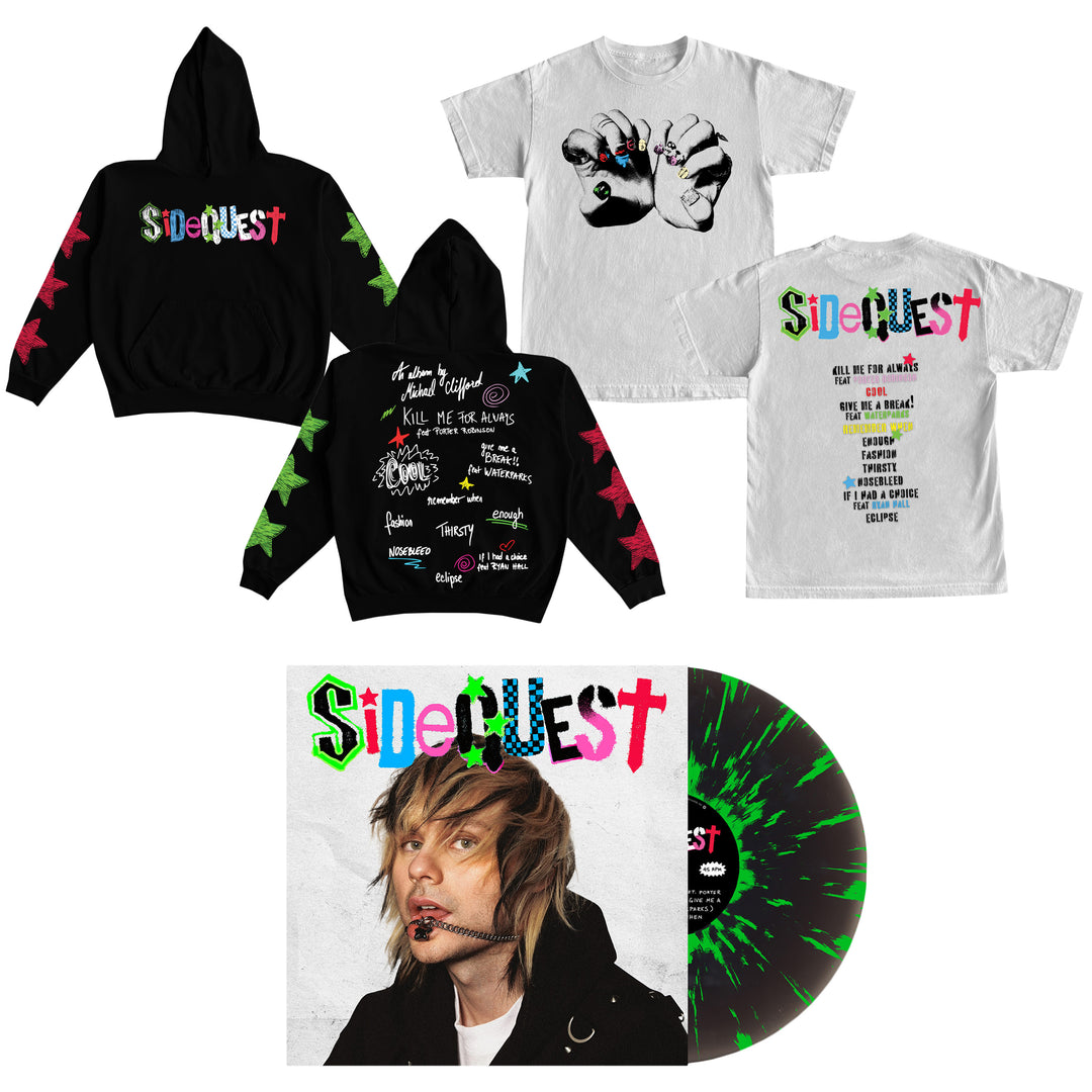 A Michael Clifford black hoodie, two white tees, and a Limited Edition green-black splatter SIDEQUEST vinyl—all featuring exclusive colorful SIDEQUEST text and graphics—make up this unique apparel and music bundle.
